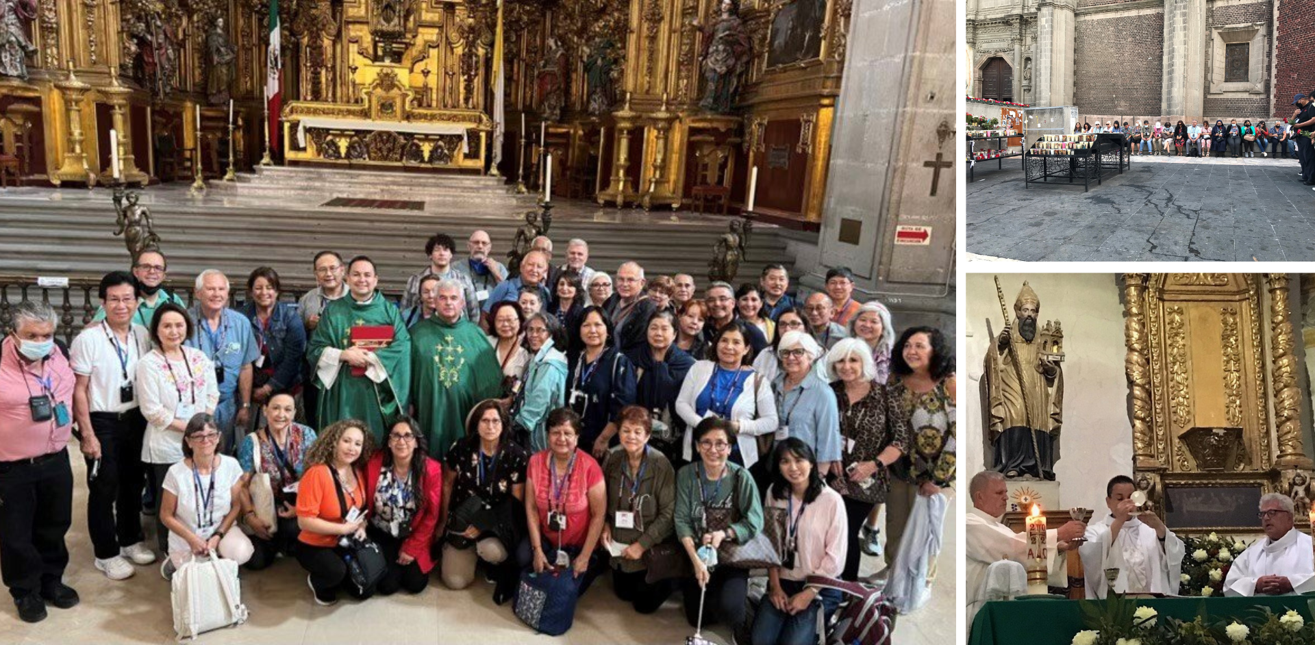 The 2022 pilgrimage was intended to be a part of Bishop Rojas’ silver jubilee year celebrating 25 years of priesthood, but ultimately, he had to remain at home while the pilgrims embarked on their journey. LEFT: Pilgrims at the Metropolitan Cathedral during the 2022 pilgrimage. TOP RIGHT: Pilgrims praying the Rosary outside the Basilica of Our Lady of Guadalupe (2022). BOTTOM RIGHT: Fr. Erik Esparza and Fr. Mark Kotlarczyk celebrate Mass at the Metropolitan Cathedral (2022).